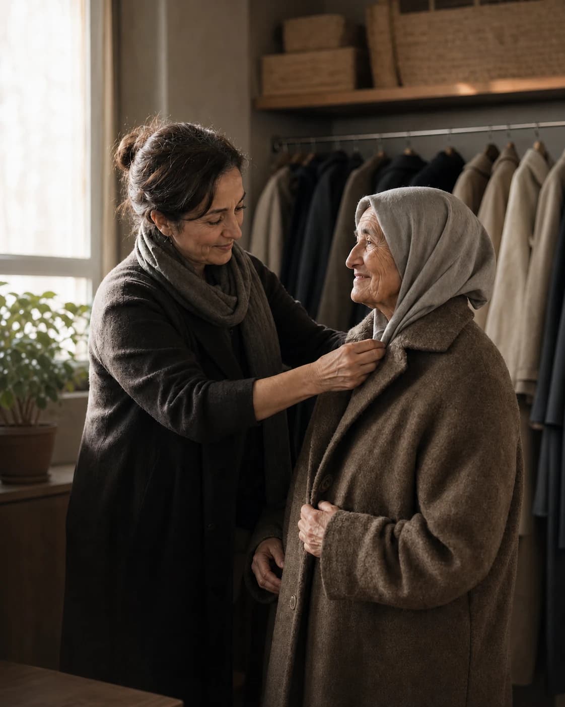 A volunteer helping an elderly woman into a carefully cleaned coat